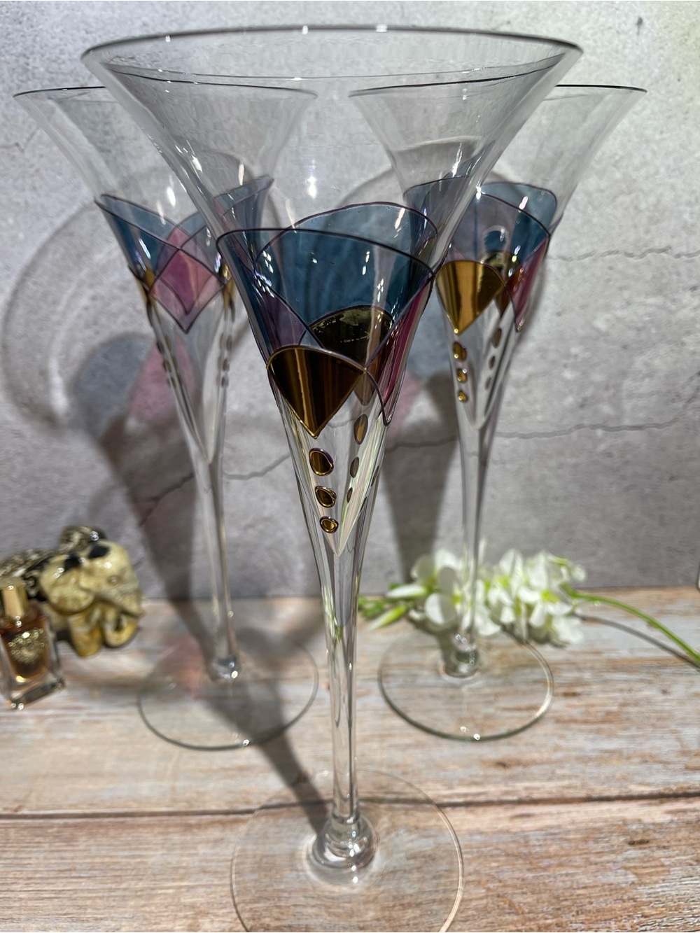 Set Of 3 Luminescence Flute Cocktail Handcrafted Romania Hand Blown Glasses - Picture 13 of 13
